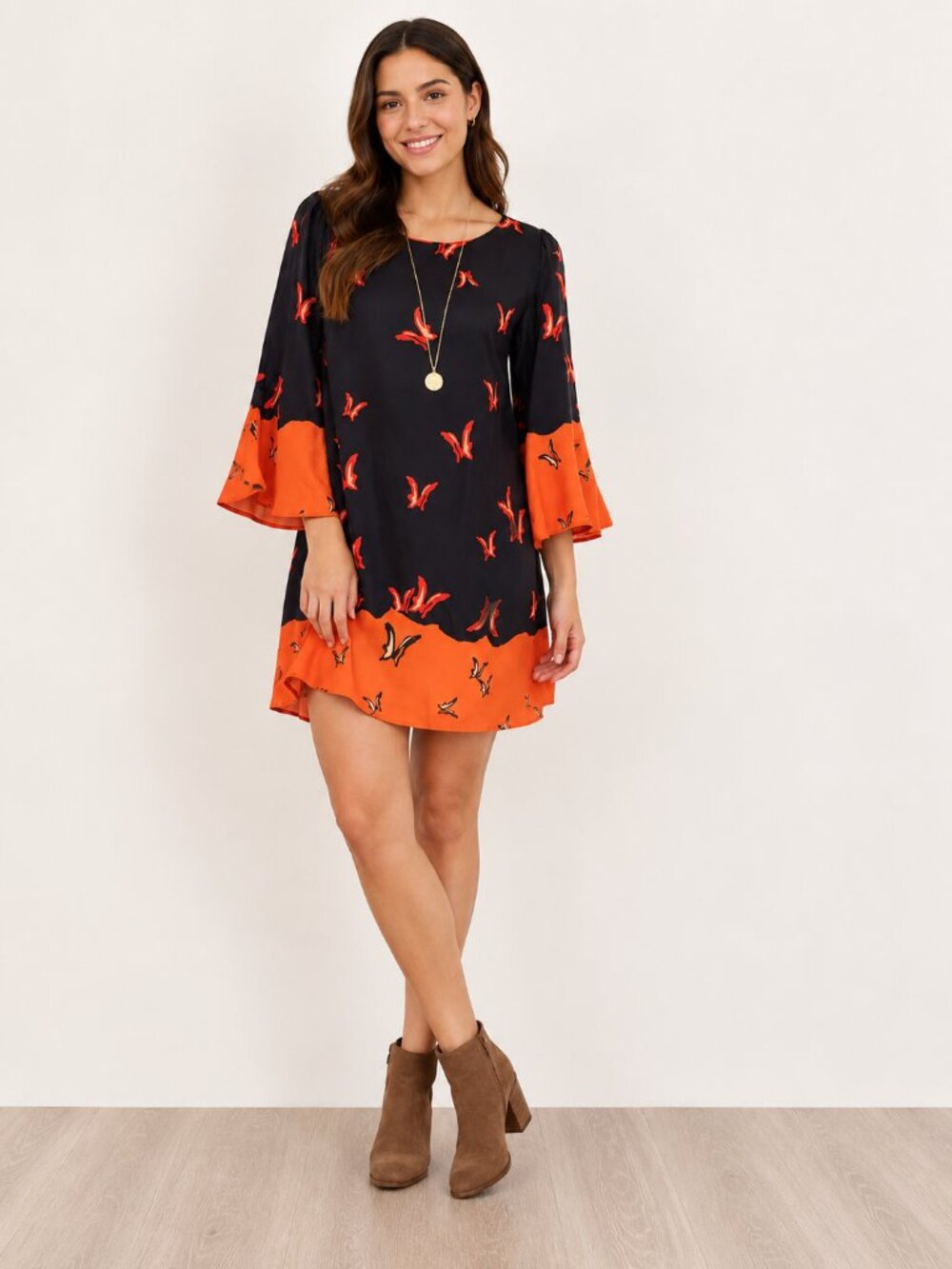 Forever 21 Navy and Orange Butterfly Print Bell-Sleeve Mini Dress, Boho, L